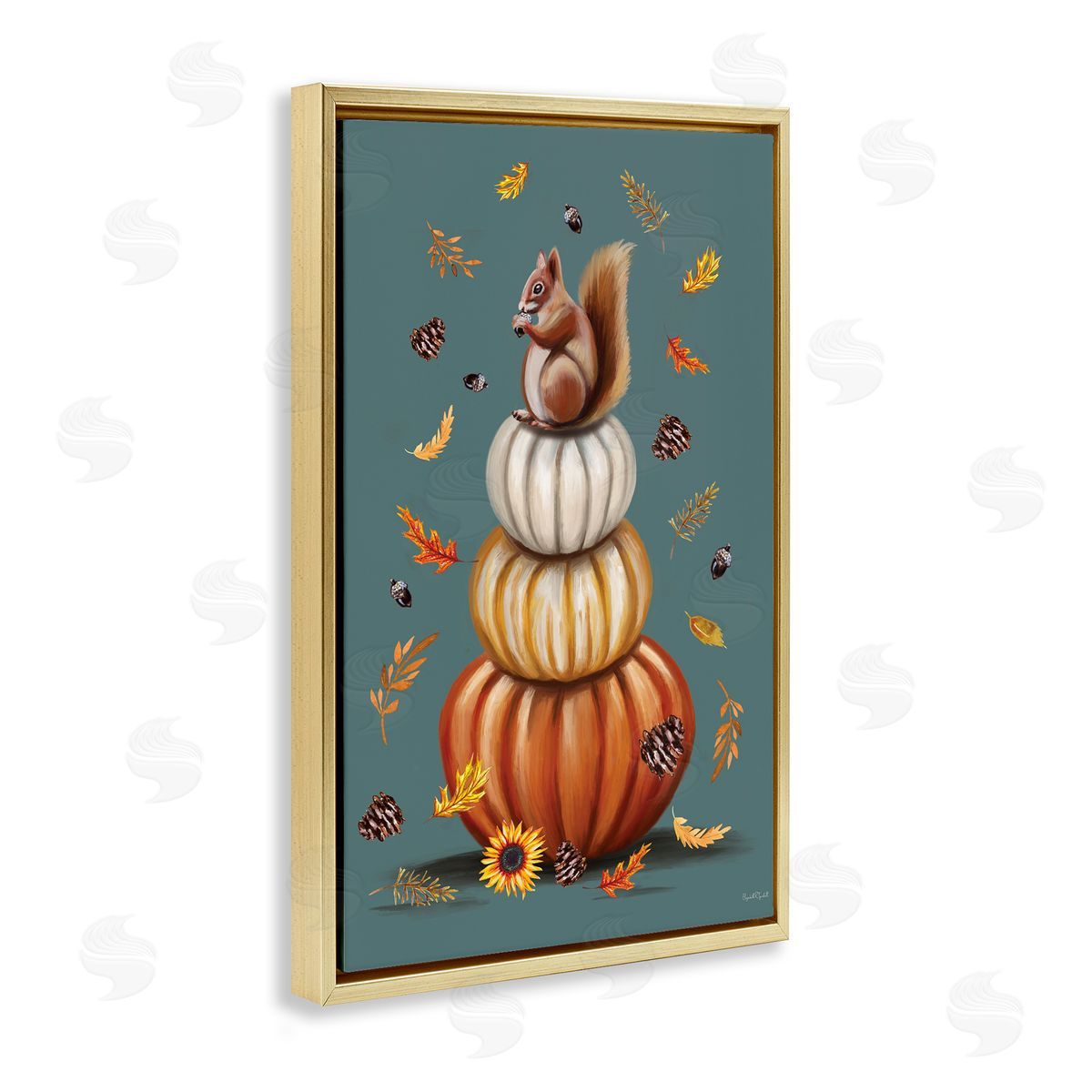 Squirrel Atop Pumpkin Stack Gold Floating Frame Canvas Wall Art, Home Decor by Elizabeth Tyndall