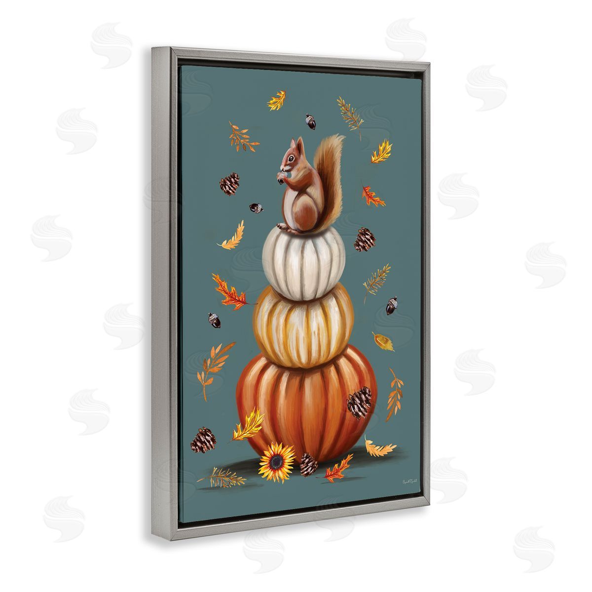 Squirrel Atop Pumpkin Stack Grey Floating Frame Canvas Wall Art, Home Decor by Elizabeth Tyndall