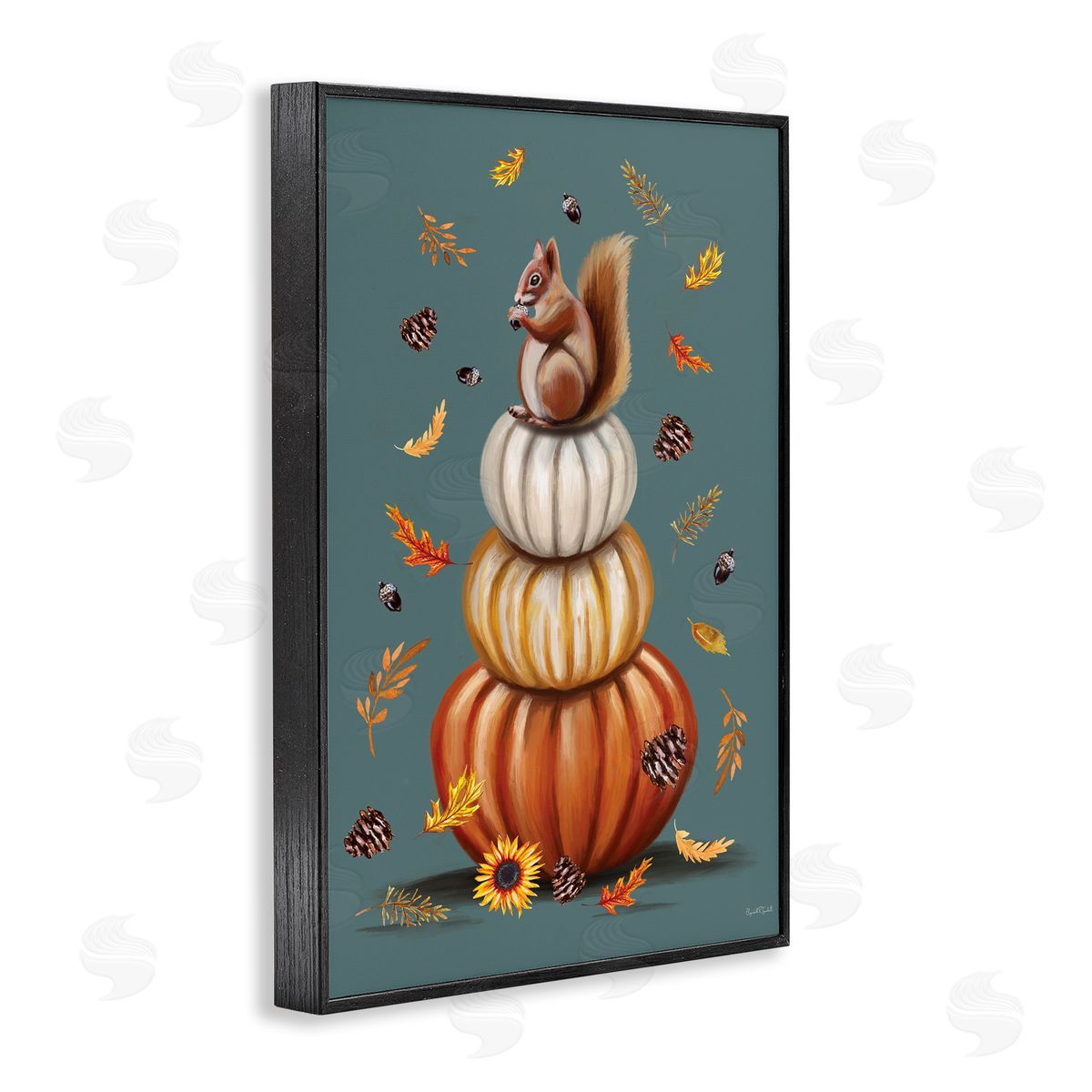 Squirrel Atop Pumpkin Stack Black Frame Print Wall Art, Home Decor by Elizabeth Tyndall