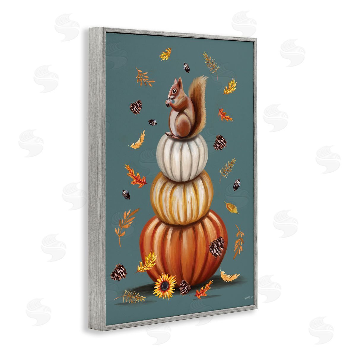Squirrel Atop Pumpkin Stack Grey Frame Print Wall Art, Home Decor by Elizabeth Tyndall