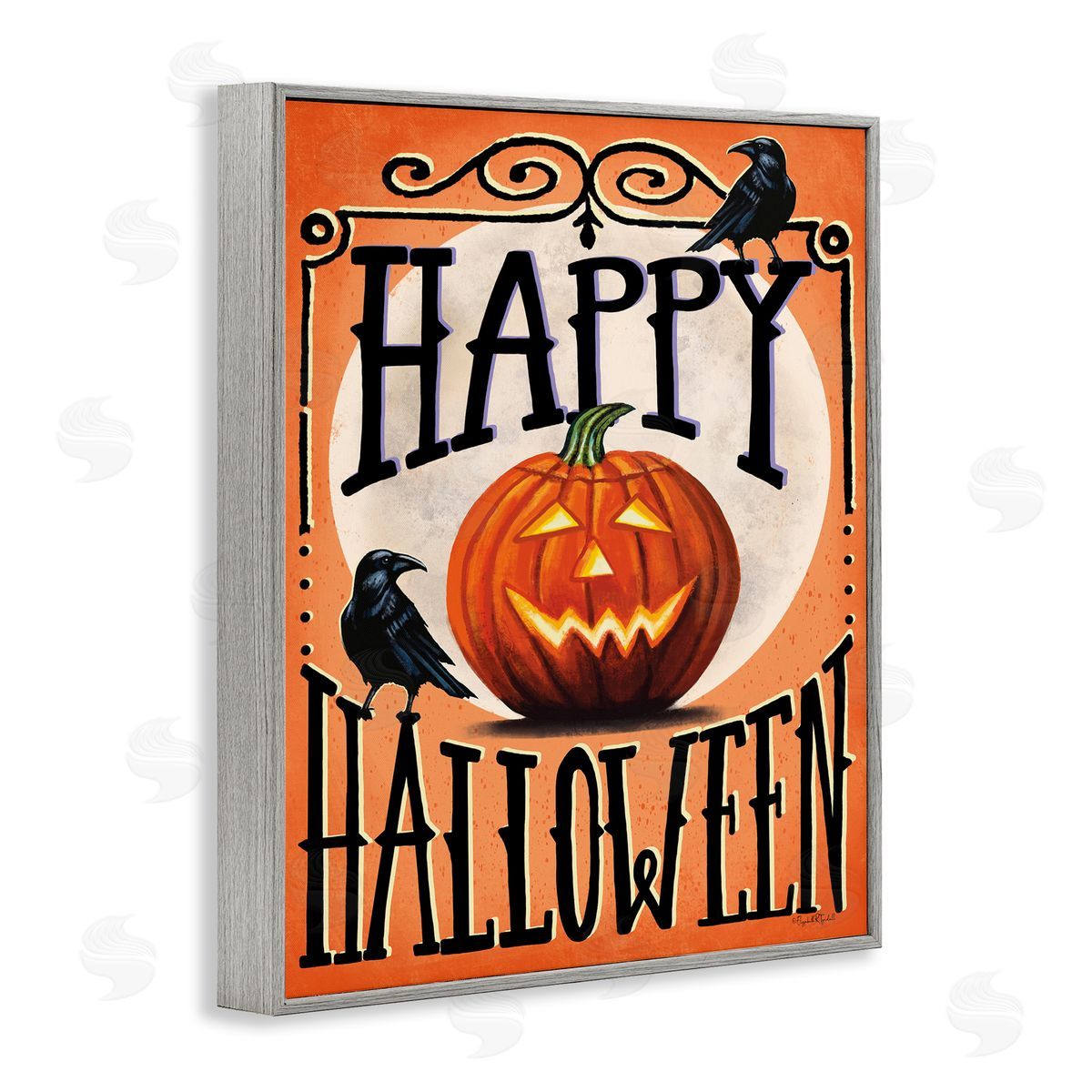 Happy Halloween with Crows Grey Frame Print Wall Art, Home Decor by Elizabeth Tyndall