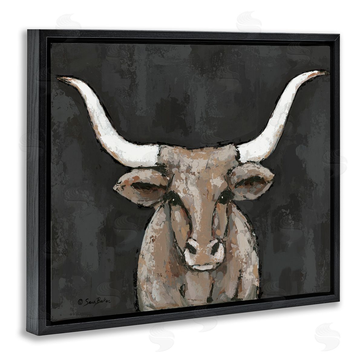 Longhorn on Murky Grey Black Floating Frame Canvas Wall Art, Home Decor by Sara Baker