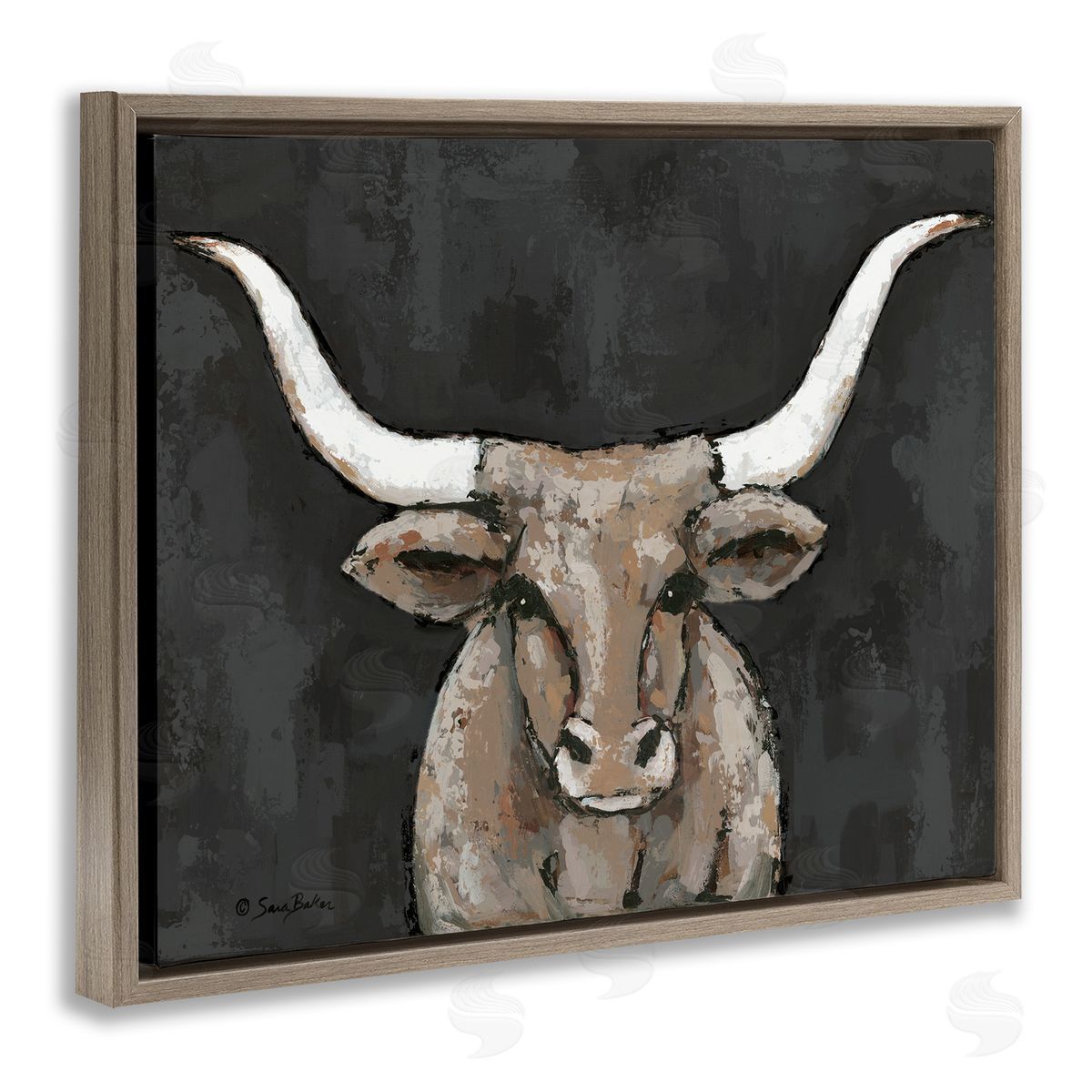 Longhorn on Murky Grey Brown Floating Frame Canvas Wall Art, Home Decor by Sara Baker