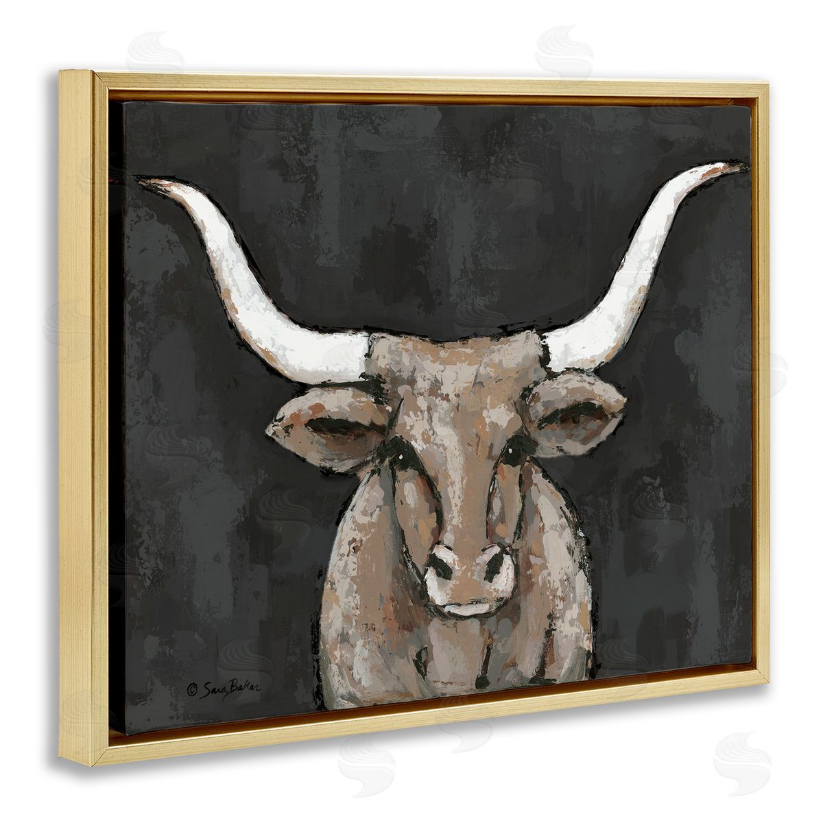 Longhorn on Murky Grey Gold Floating Frame Canvas Wall Art, Home Decor by Sara Baker
