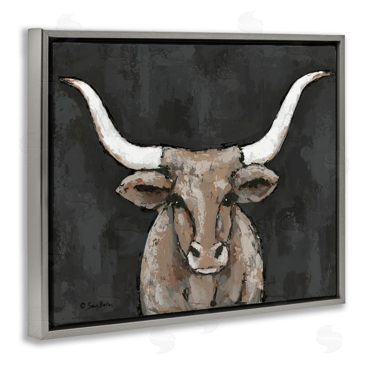 Longhorn on Murky Grey Grey Floating Frame Canvas Wall Art, Home Decor by Sara Baker