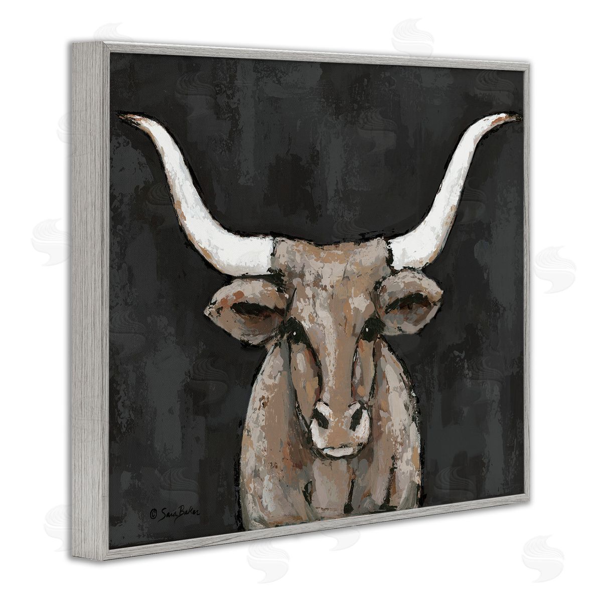 Longhorn on Murky Grey Grey Frame Print Wall Art, Home Decor by Sara Baker