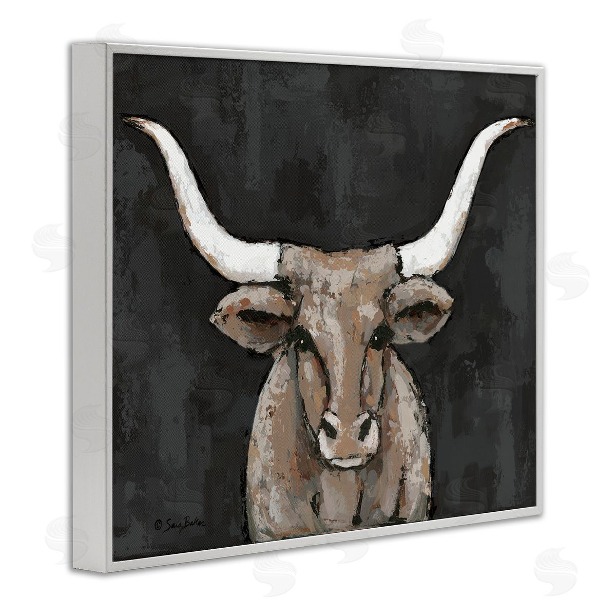 Longhorn on Murky Grey White Frame Print Wall Art, Home Decor by Sara Baker