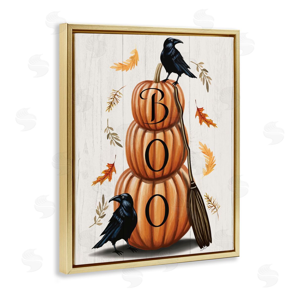 Boo Crows & Pumpkins Gold Floating Frame Canvas Wall Art, Home Decor by Elizabeth Tyndall