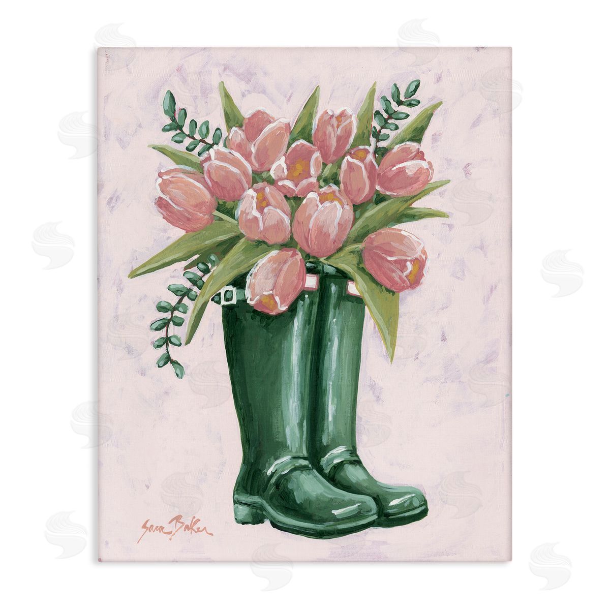 Pink Tulips in Boots Canvas Wall Art, Home Decor by Sara Baker
