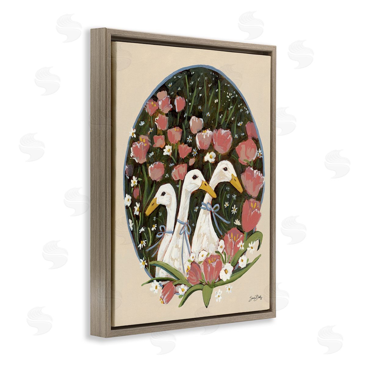 Ducks with Cottage Blooms Brown Floating Frame Canvas Wall Art, Home Decor by Sara Baker
