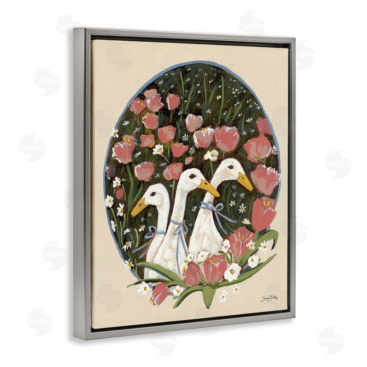Ducks with Cottage Blooms Grey Floating Frame Canvas Wall Art, Home Decor by Sara Baker