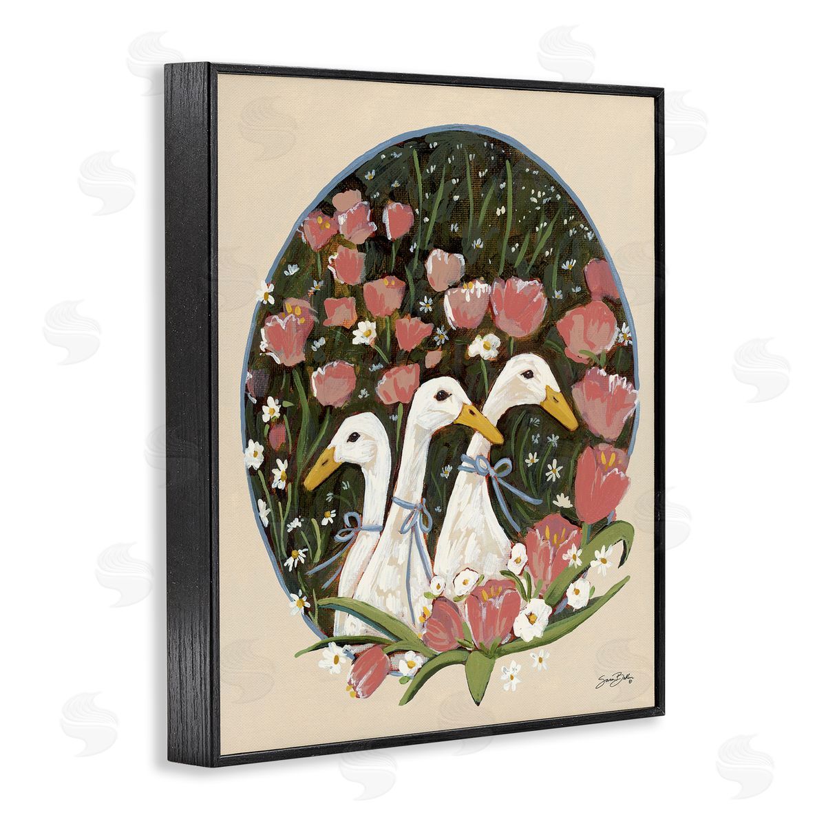 Ducks with Cottage Blooms Black Frame Print Wall Art, Home Decor by Sara Baker