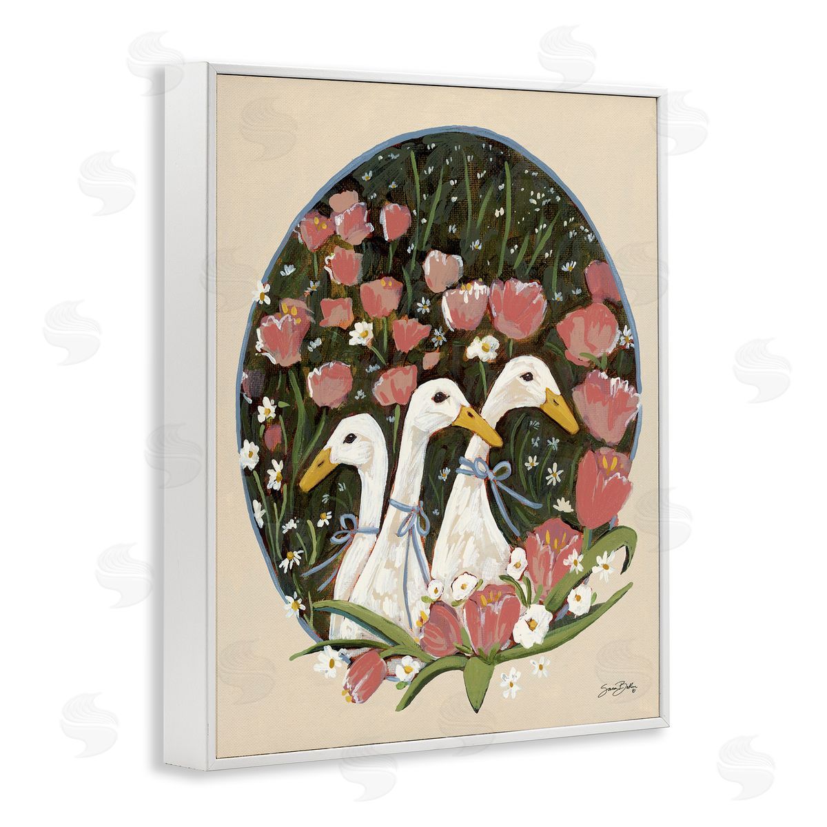Ducks with Cottage Blooms White Frame Print Wall Art, Home Decor by Sara Baker