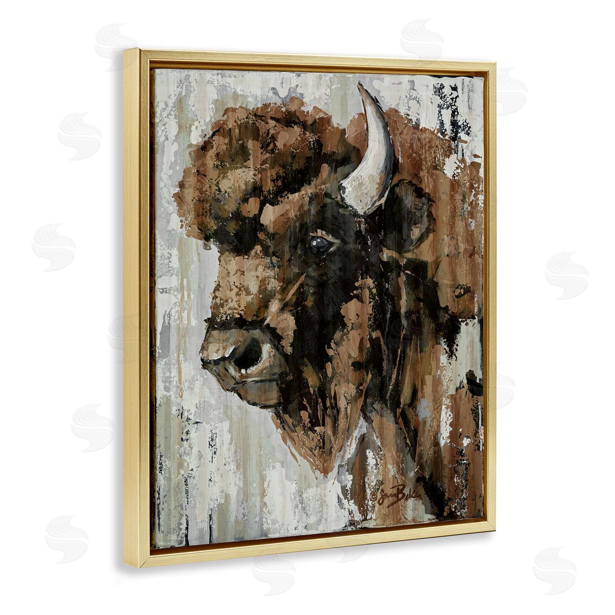 Abstract Bison Visage Gold Floating Frame Canvas Wall Art, Home Decor by Sara Baker