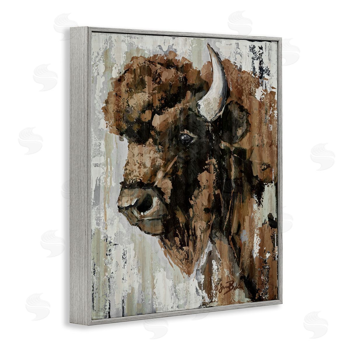 Abstract Bison Visage Grey Frame Print Wall Art, Home Decor by Sara Baker