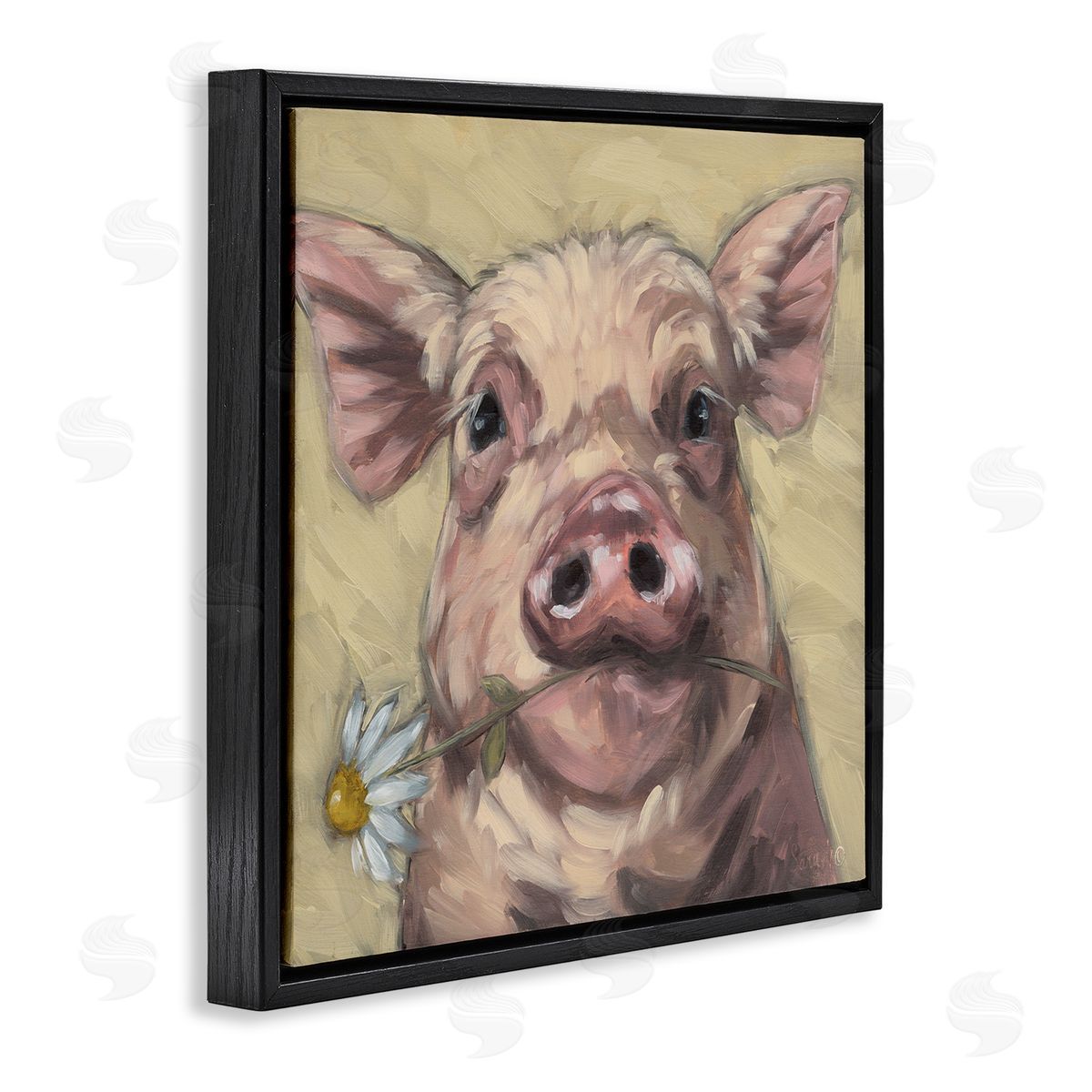 Pig Holding Daisy Sprig Black Floating Frame Canvas Wall Art, Home Decor by Sara G. Designs