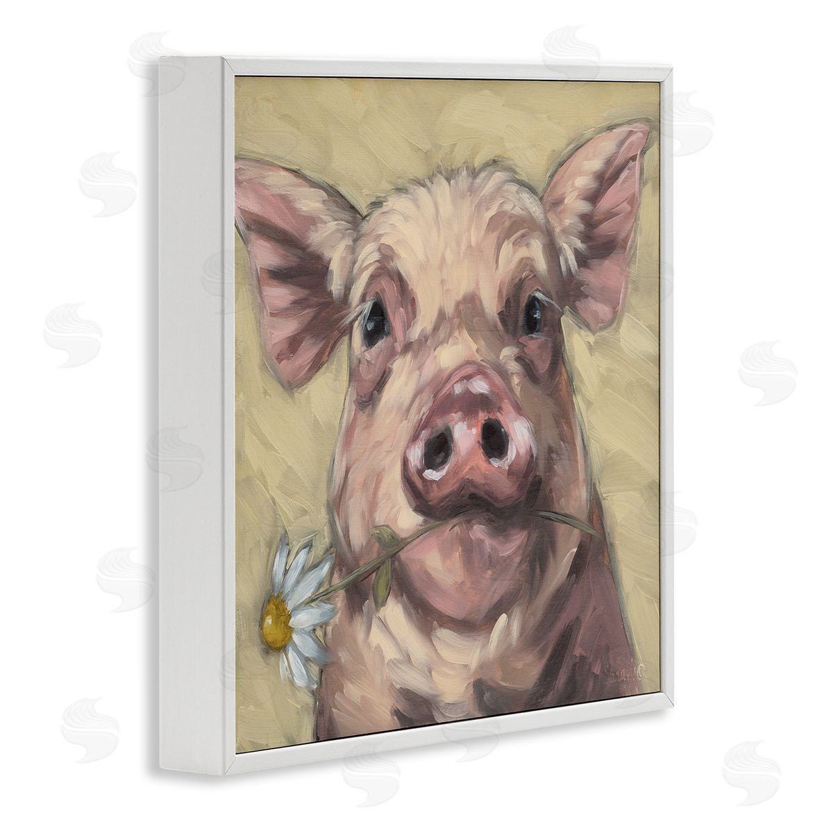 Pig Holding Daisy Sprig White Frame Print Wall Art, Home Decor by Sara G. Designs