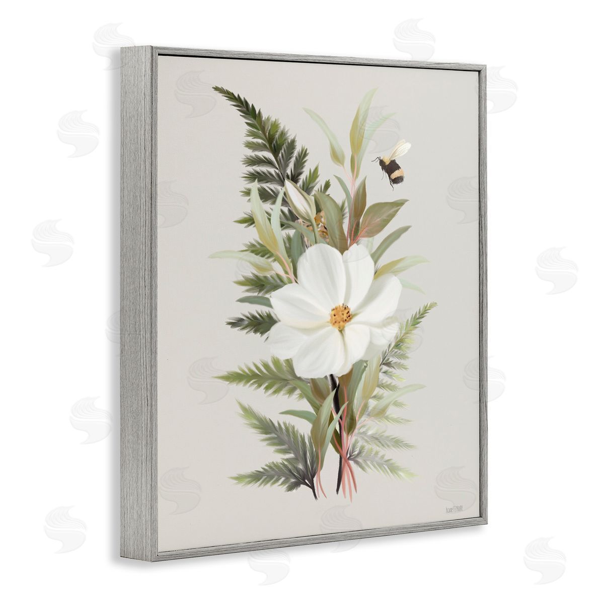 Bumble Bee & Flower Grey Frame Print Wall Art, Home Decor by House Fenway