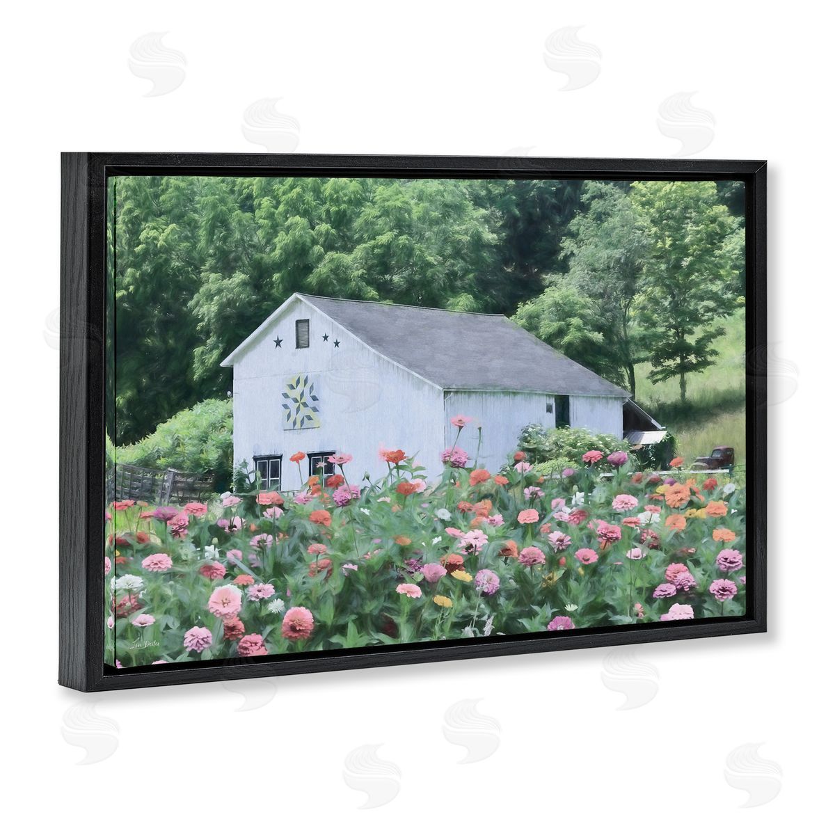 Countryside House in Garden Black Floating Frame Canvas Wall Art, Home Decor by Lori Deiter