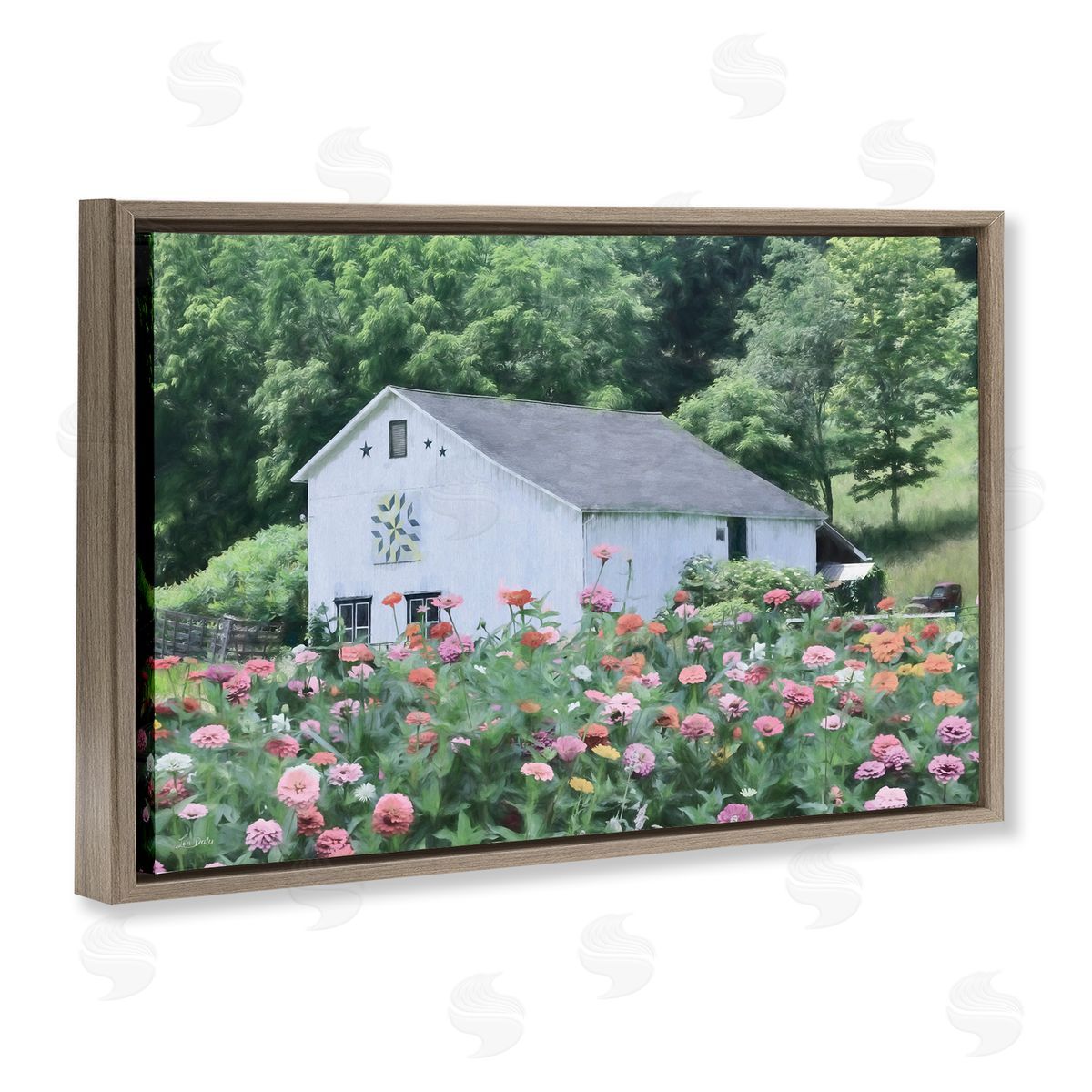 Countryside House in Garden Brown Floating Frame Canvas Wall Art, Home Decor by Lori Deiter