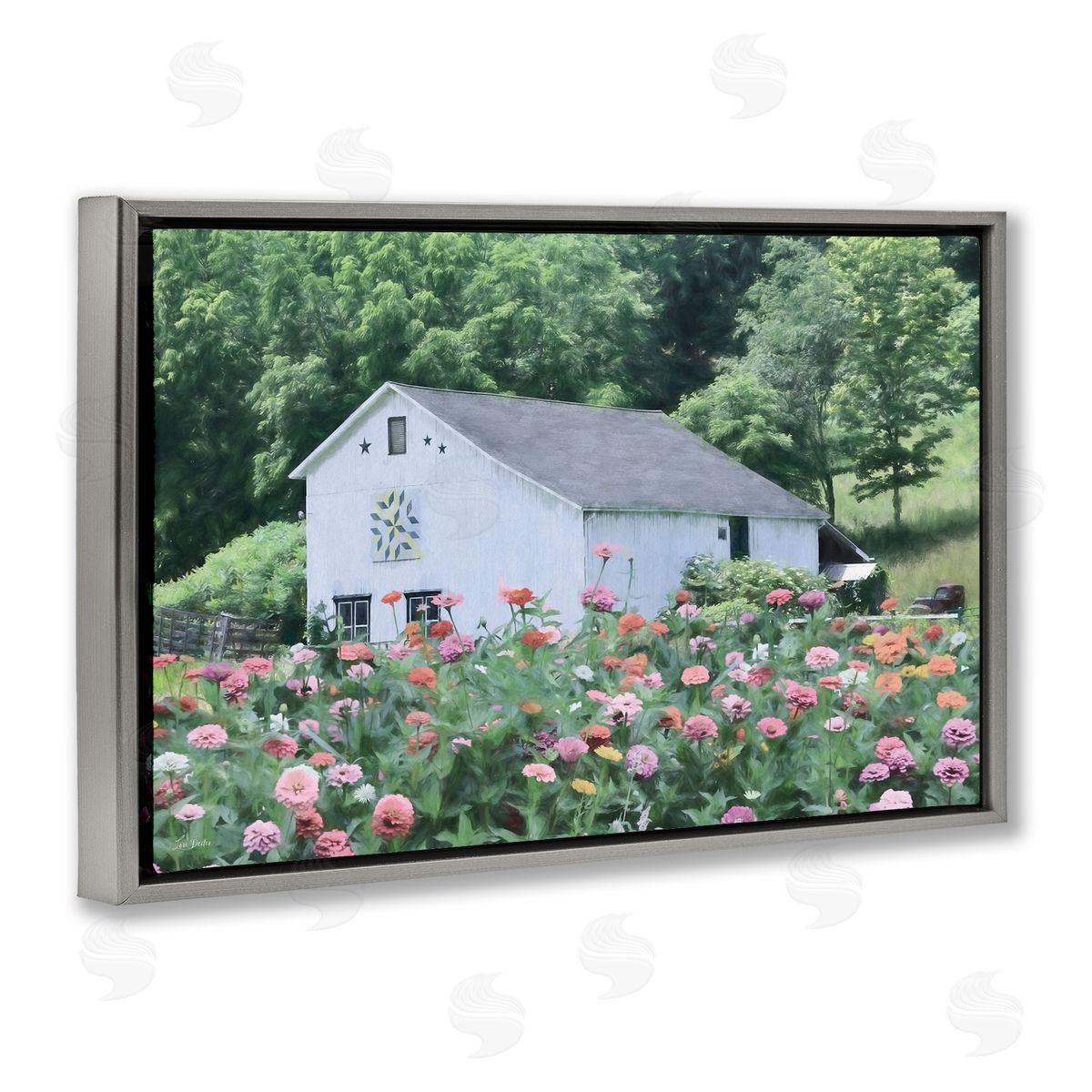 Countryside House in Garden Grey Floating Frame Canvas Wall Art, Home Decor by Lori Deiter