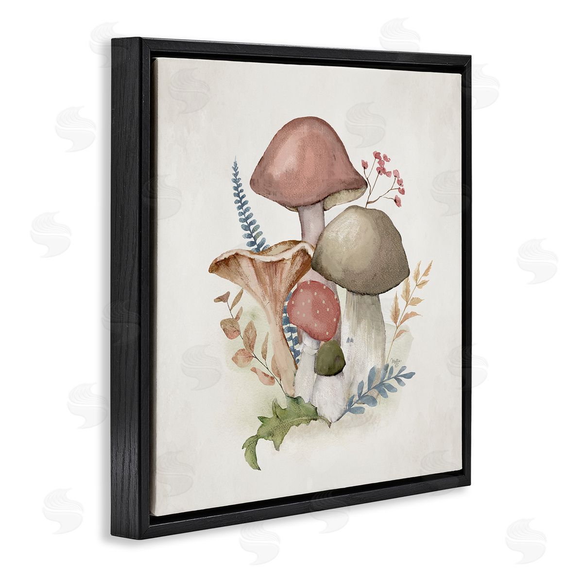 Pink Blooming Mushrooms Black Floating Frame Canvas Wall Art, Home Decor by Mollie B.