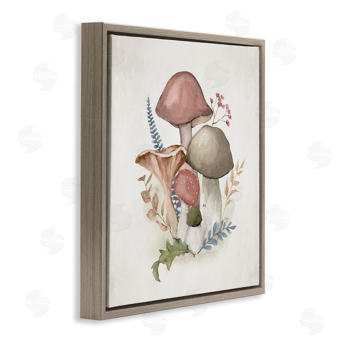 Pink Blooming Mushrooms Brown Floating Frame Canvas Wall Art, Home Decor by Mollie B.