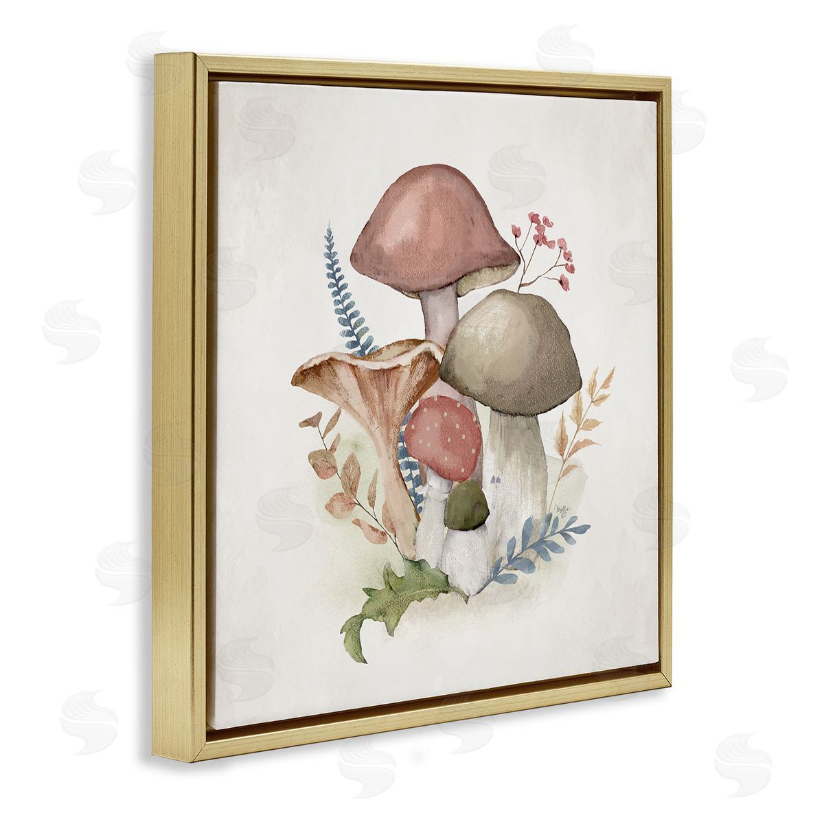 Pink Blooming Mushrooms Gold Floating Frame Canvas Wall Art, Home Decor by Mollie B.