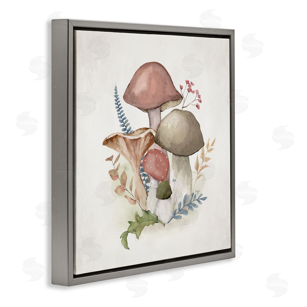 Pink Blooming Mushrooms Grey Floating Frame Canvas Wall Art, Home Decor by Mollie B.