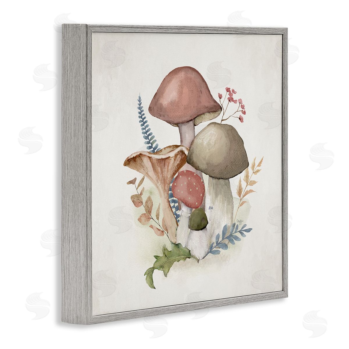 Pink Blooming Mushrooms Grey Frame Print Wall Art, Home Decor by Mollie B.