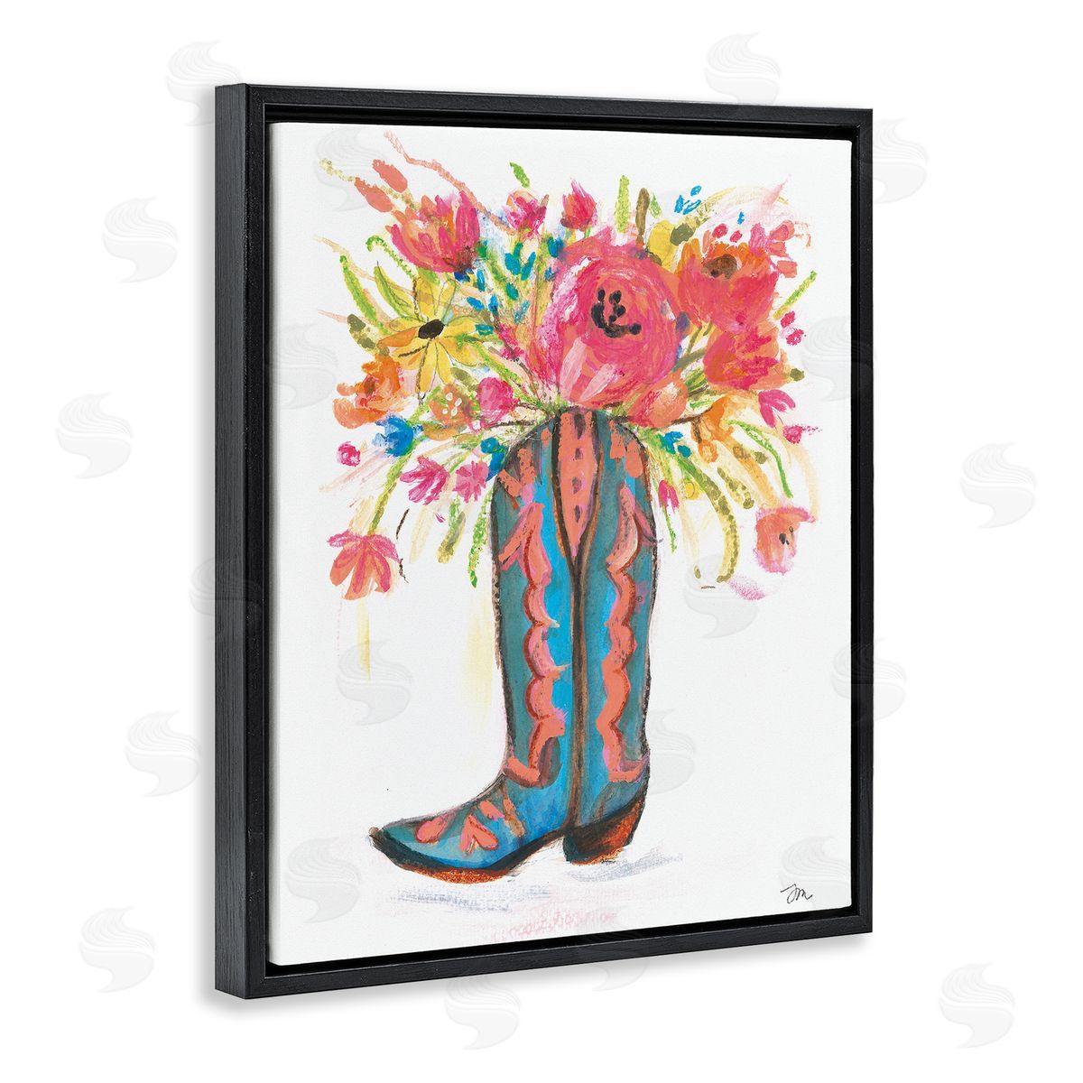 Floral Cowgirl Boot Pastels Black Floating Frame Canvas Wall Art, Home Decor by Jessica Mingo