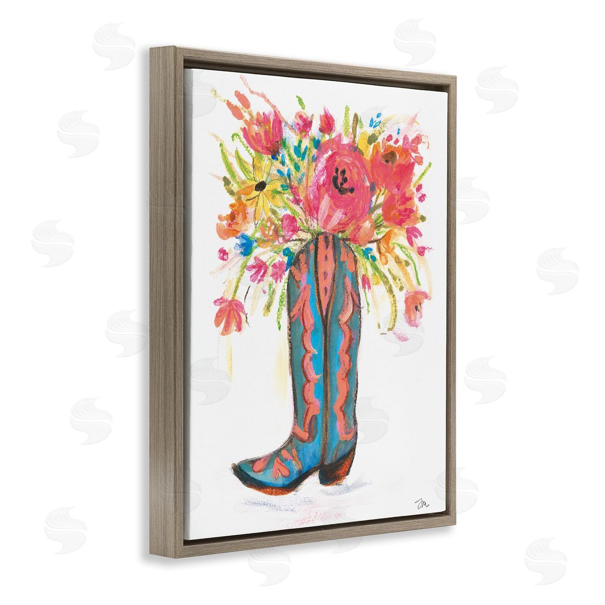 Floral Cowgirl Boot Pastels Brown Floating Frame Canvas Wall Art, Home Decor by Jessica Mingo