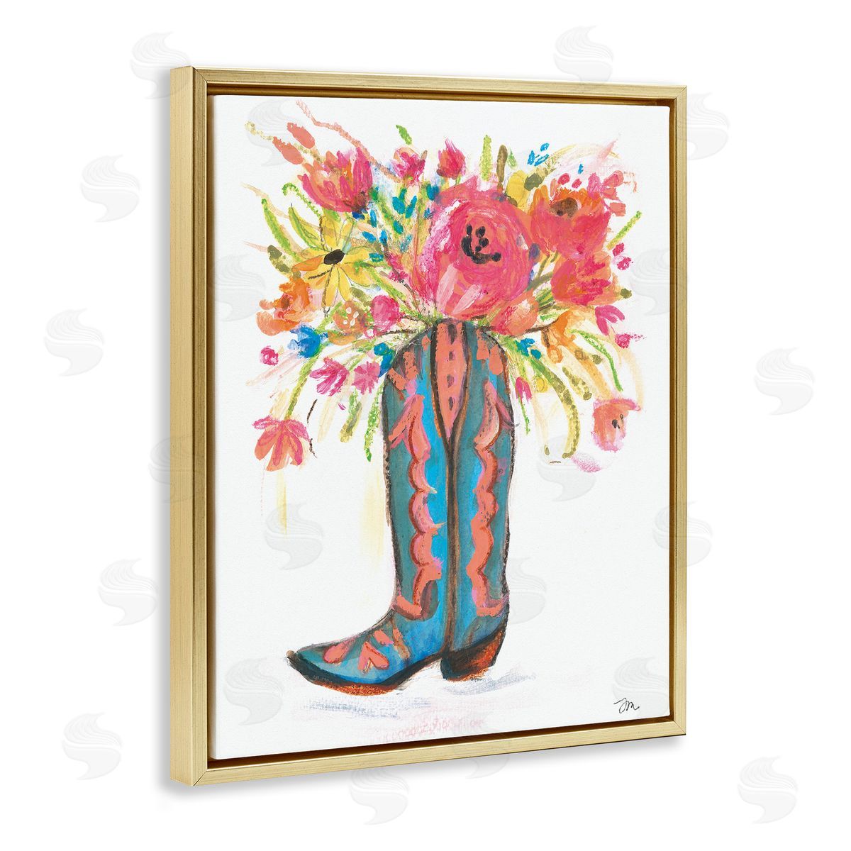 Floral Cowgirl Boot Pastels Gold Floating Frame Canvas Wall Art, Home Decor by Jessica Mingo