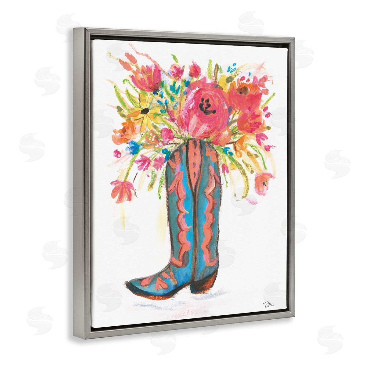 Floral Cowgirl Boot Pastels Grey Floating Frame Canvas Wall Art, Home Decor by Jessica Mingo