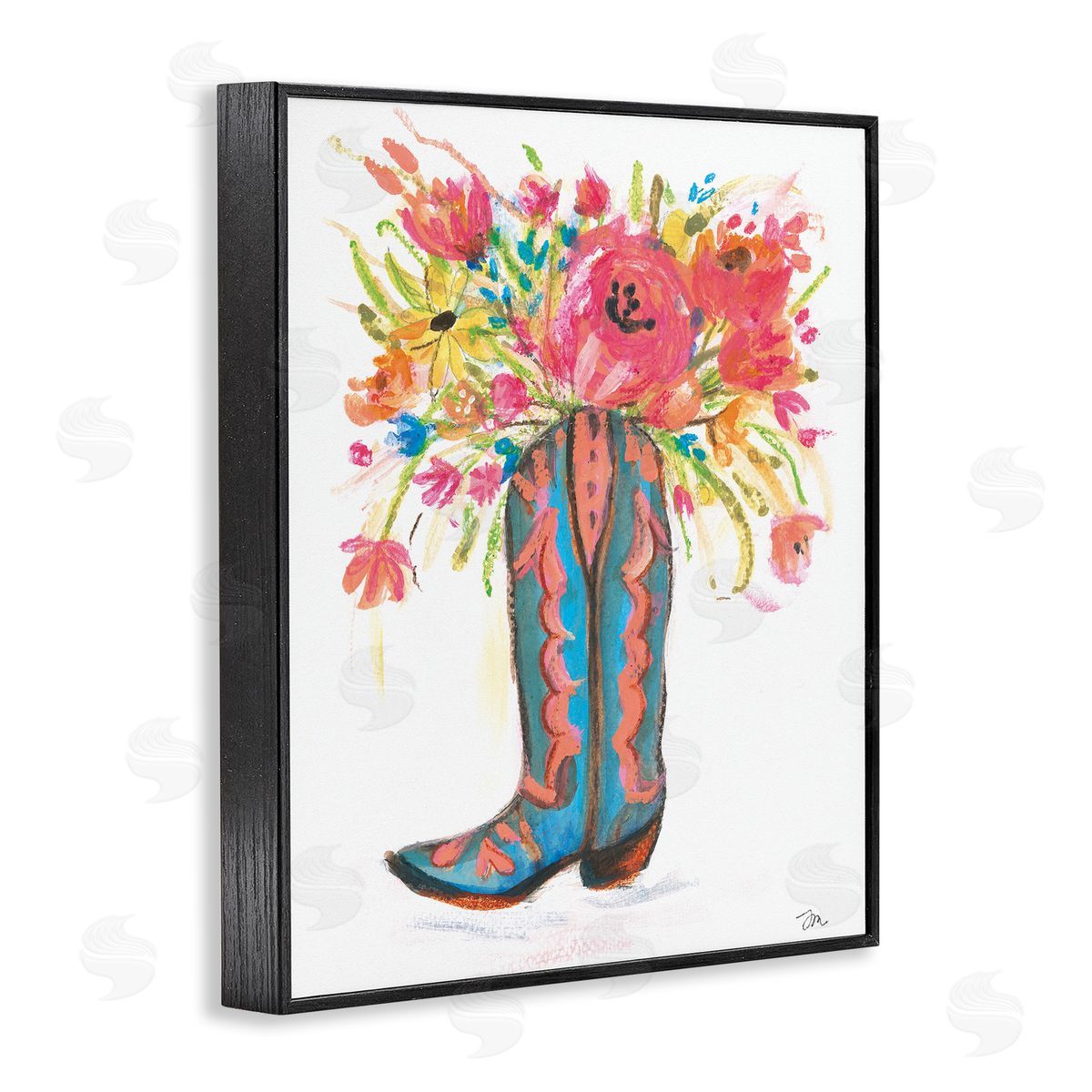 Floral Cowgirl Boot Pastels Black Frame Print Wall Art, Home Decor by Jessica Mingo