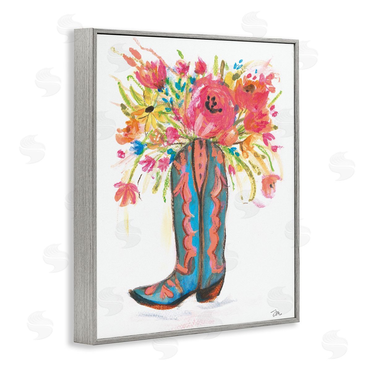 Floral Cowgirl Boot Pastels Grey Frame Print Wall Art, Home Decor by Jessica Mingo