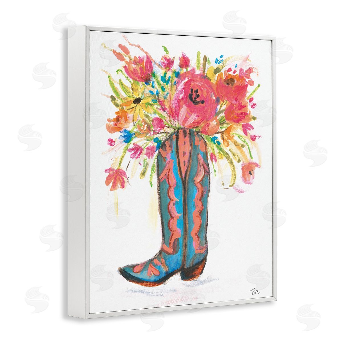 Floral Cowgirl Boot Pastels White Frame Print Wall Art, Home Decor by Jessica Mingo