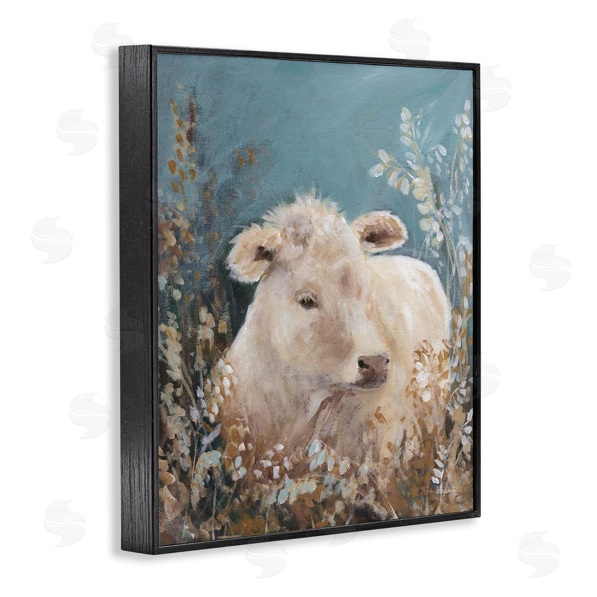 Soft Cattle Amongst Florals Black Frame Print Wall Art, Home Decor by Amanda Hilburn