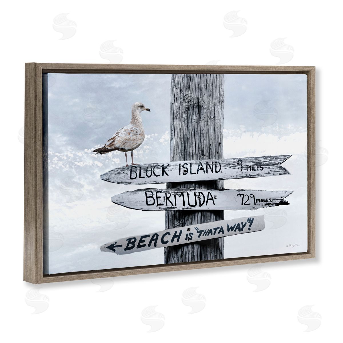 Vacation Beach Signs with Seagull Brown Floating Frame Canvas Wall Art, Home Decor by Robin-Lee Viera