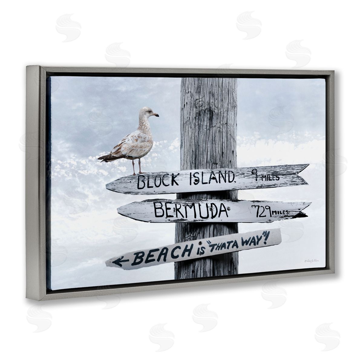 Vacation Beach Signs with Seagull Grey Floating Frame Canvas Wall Art, Home Decor by Robin-Lee Viera