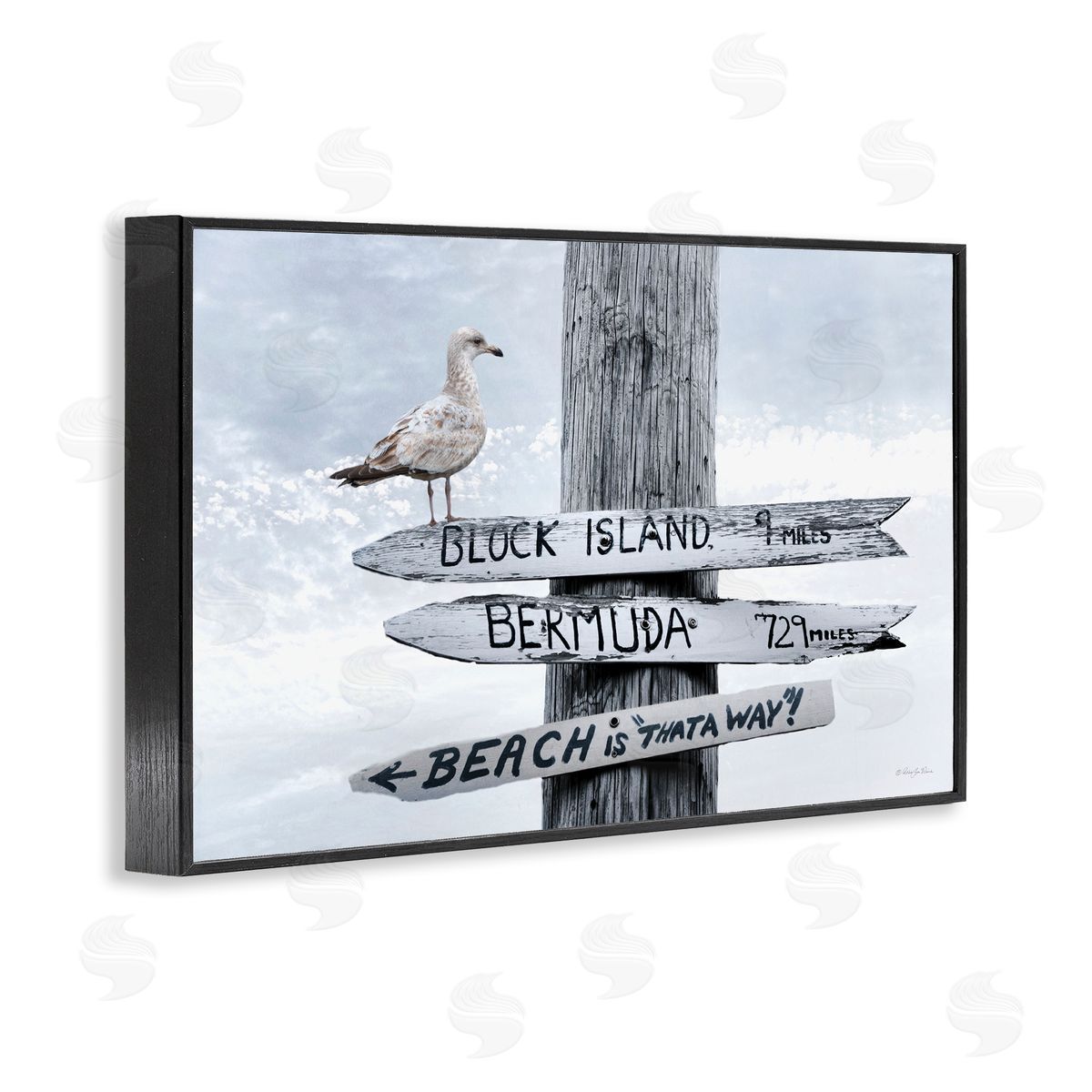 Vacation Beach Signs with Seagull Black Frame Print Wall Art, Home Decor by Robin-Lee Viera