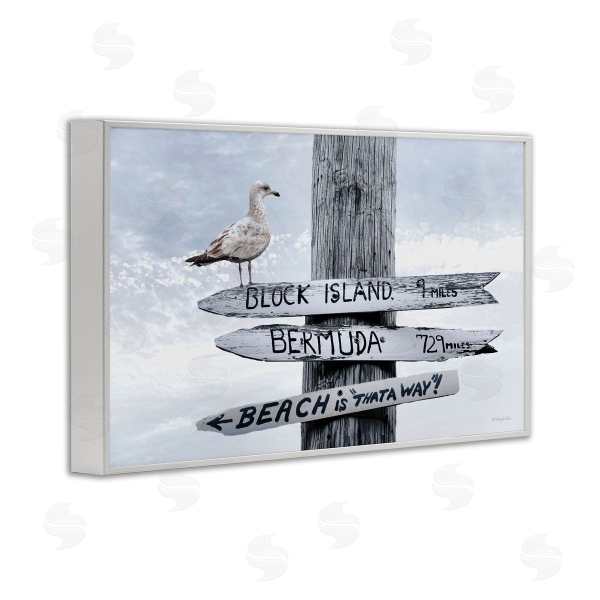 Vacation Beach Signs with Seagull White Frame Print Wall Art, Home Decor by Robin-Lee Viera