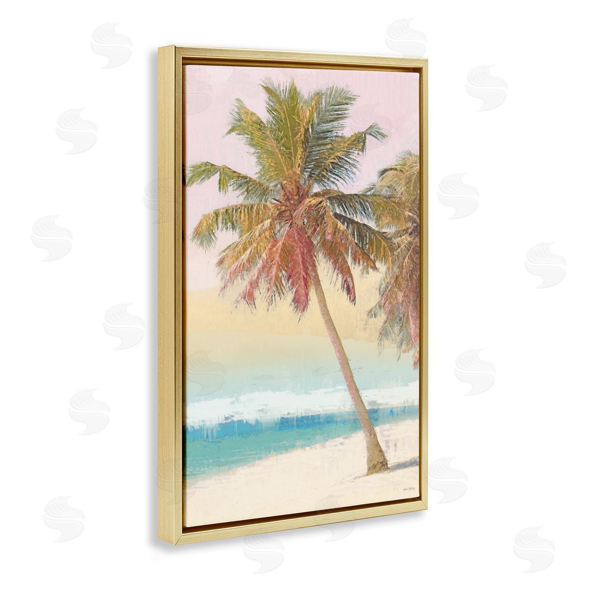 Pastel Gradient Beach Scene Gold Floating Frame Canvas Wall Art, Home Decor by Amber Sterling