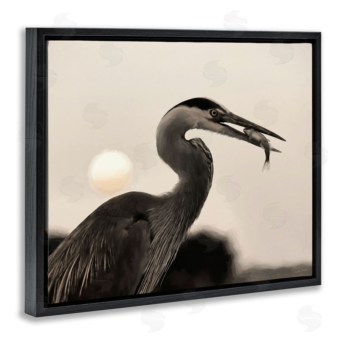 Heron Feeding on Fish Black Floating Frame Canvas Wall Art, Home Decor by Lori Deiter