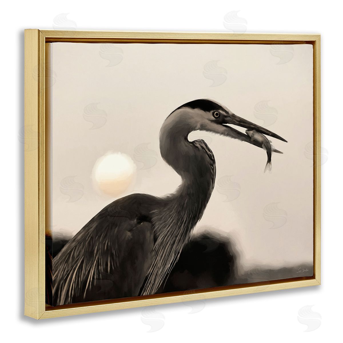 Heron Feeding on Fish Gold Floating Frame Canvas Wall Art, Home Decor by Lori Deiter