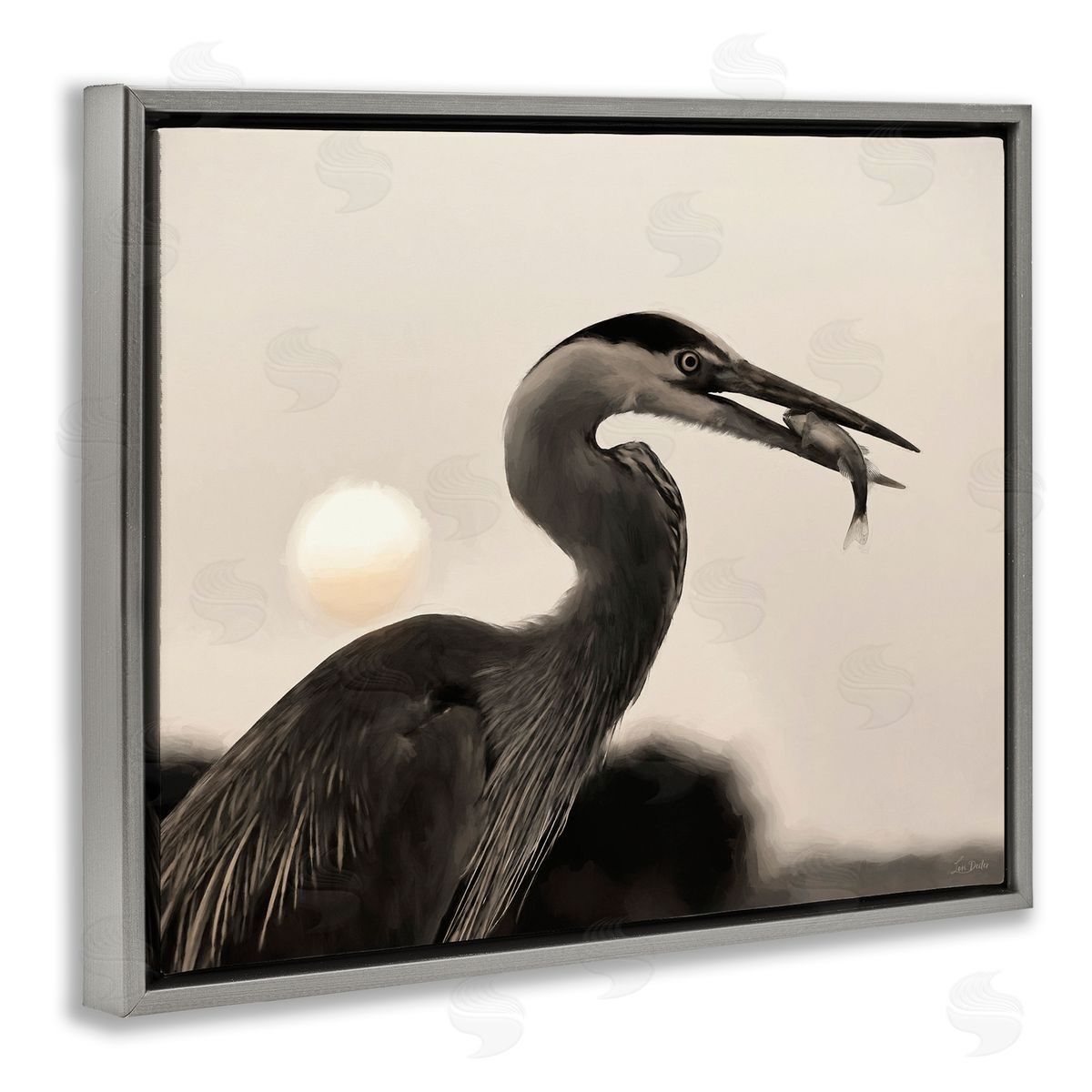 Heron Feeding on Fish Grey Floating Frame Canvas Wall Art, Home Decor by Lori Deiter
