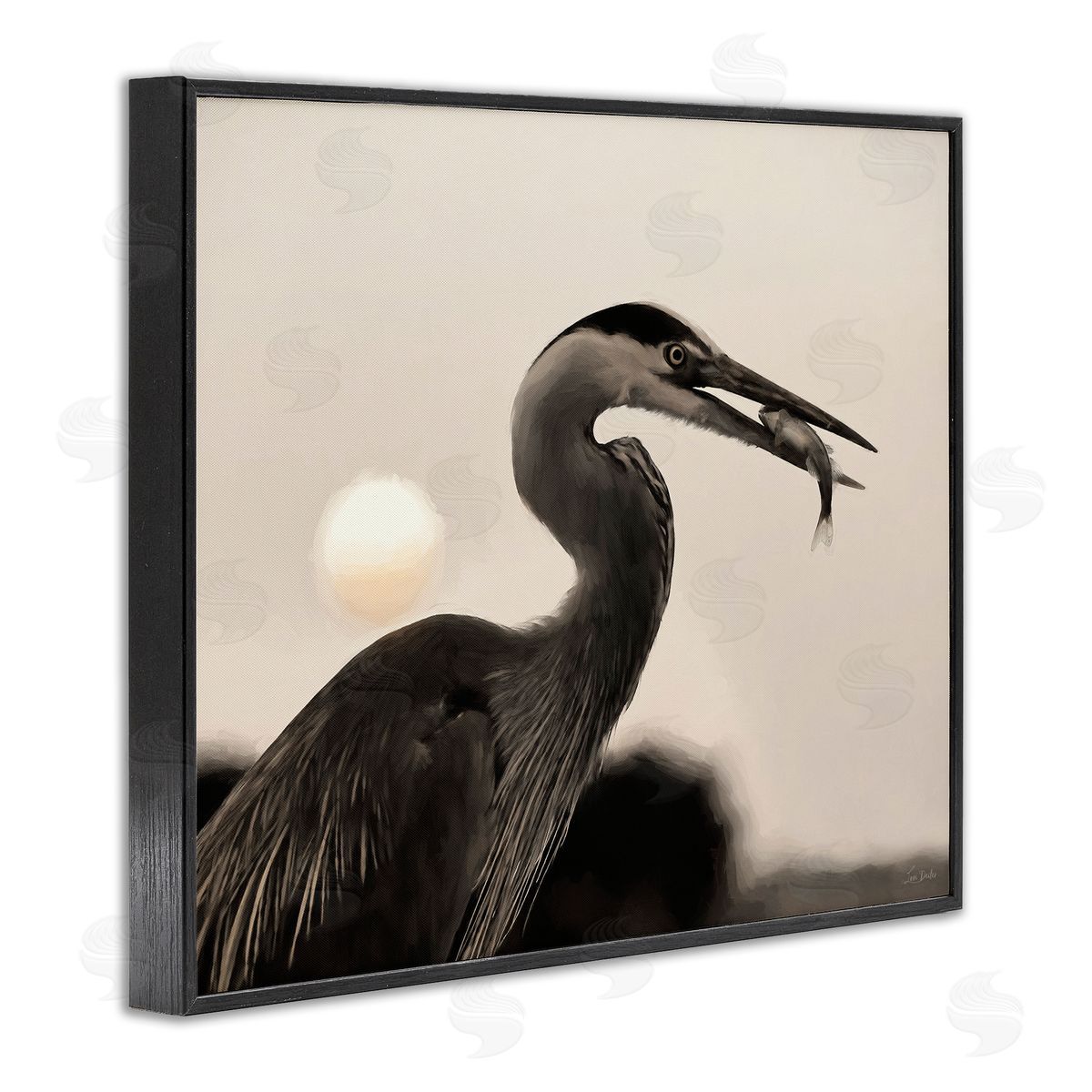 Heron Feeding on Fish Black Frame Print Wall Art, Home Decor by Lori Deiter