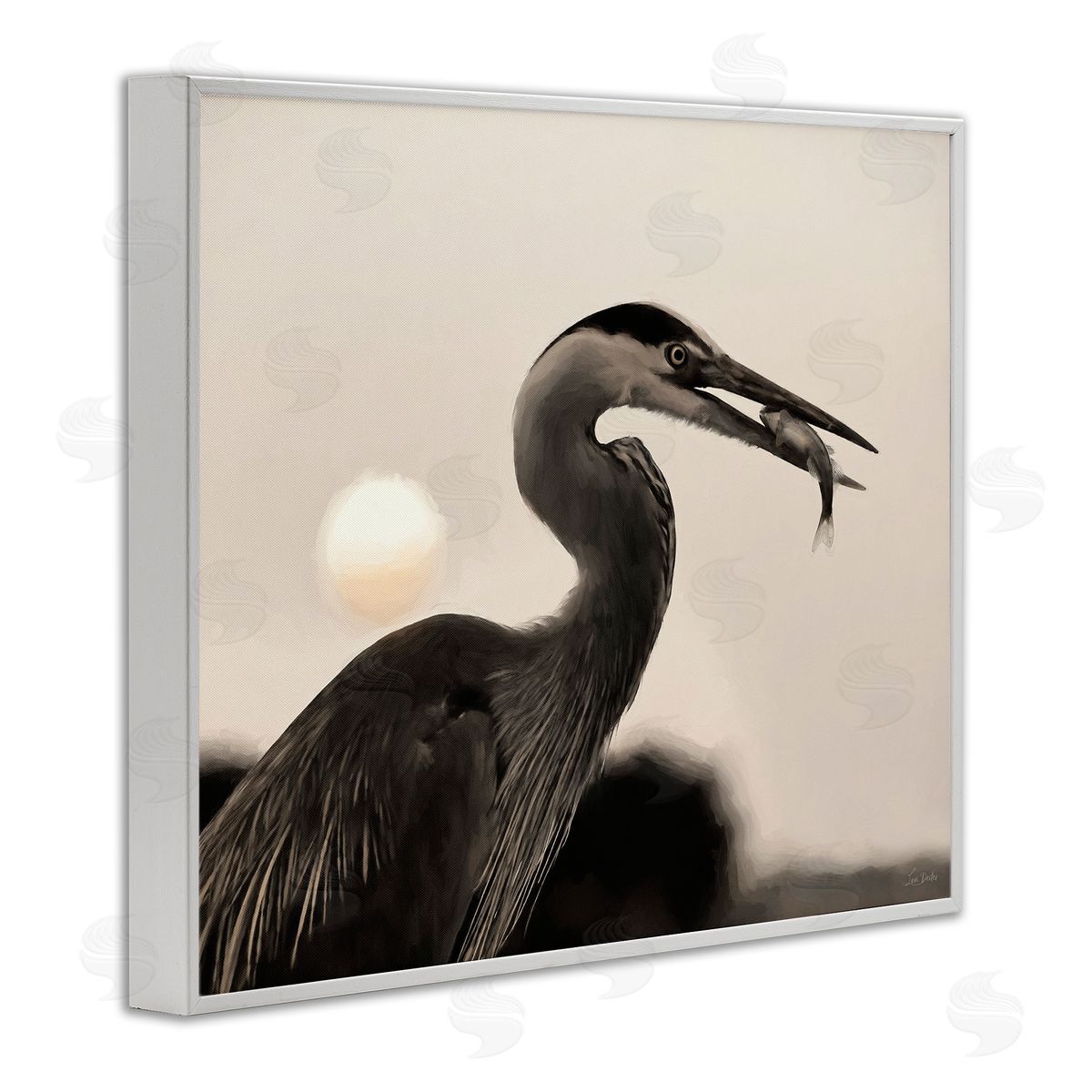 Heron Feeding on Fish White Frame Print Wall Art, Home Decor by Lori Deiter