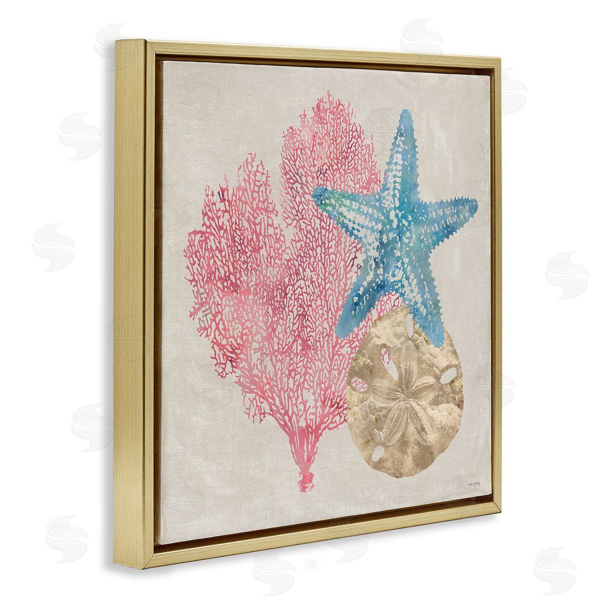 Sea Life Trio on Beige Gold Floating Frame Canvas Wall Art, Home Decor by Amber Sterling