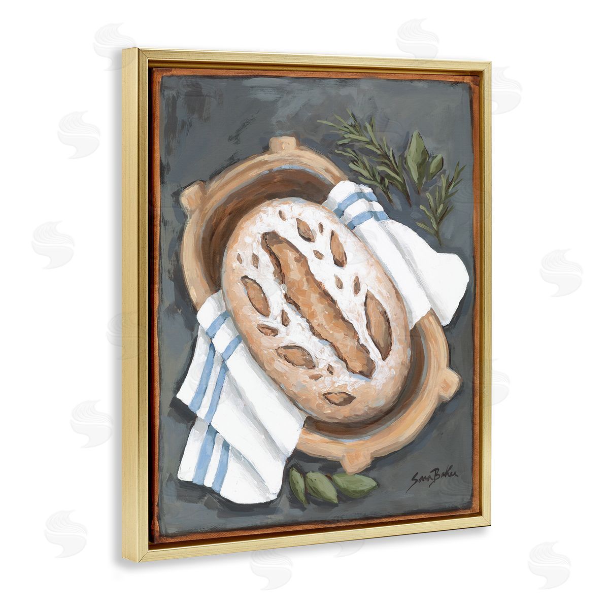 Bread Baking Basket Gold Floating Frame Canvas Wall Art, Home Decor by Sara Baker